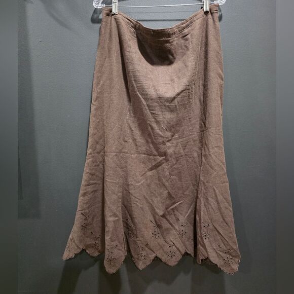 Edward Brown Midi Linen Blend Skirt Embroidered Eyelet  Witchy Hem Sz12 - Picture 1 of 11